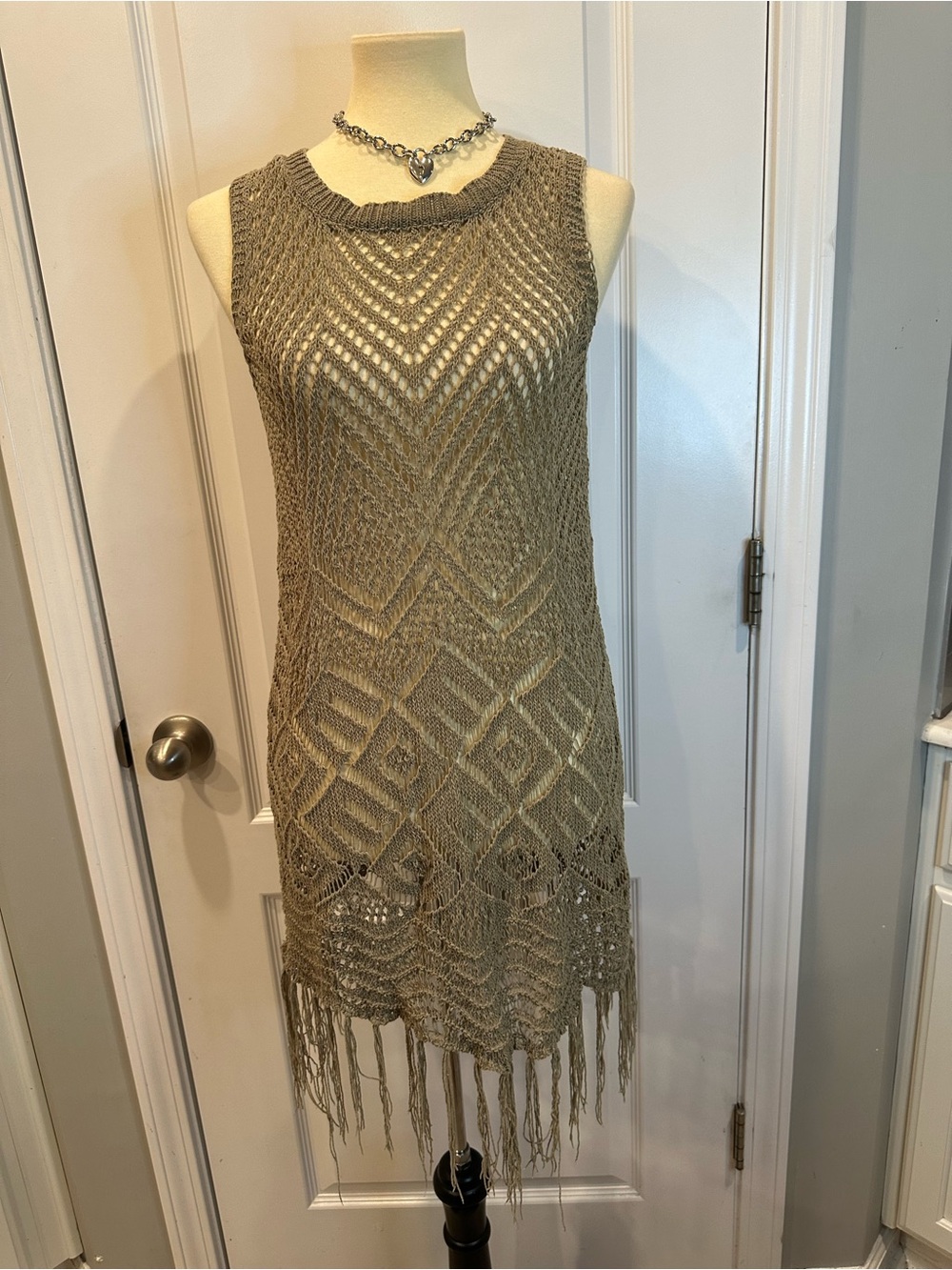 Sleeveless Crochet Fringe Midi Dress in Taupe